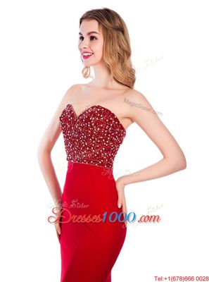 Wine Red Mermaid Sweetheart Sleeveless Elastic Woven Satin With Train Sweep Train Zipper Beading Prom Gown