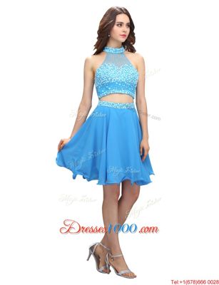Blue Two Pieces Chiffon High-neck Sleeveless Beading Mini Length Zipper Evening Outfits