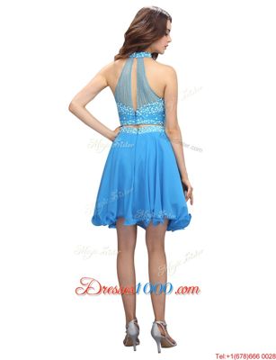 Blue Two Pieces Chiffon High-neck Sleeveless Beading Mini Length Zipper Evening Outfits