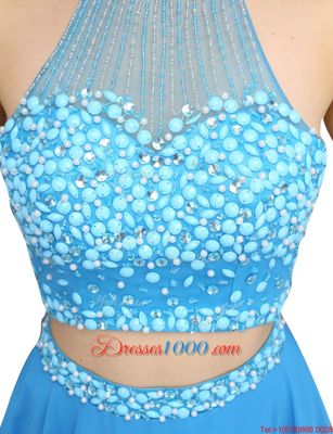 Blue Two Pieces Chiffon High-neck Sleeveless Beading Mini Length Zipper Evening Outfits