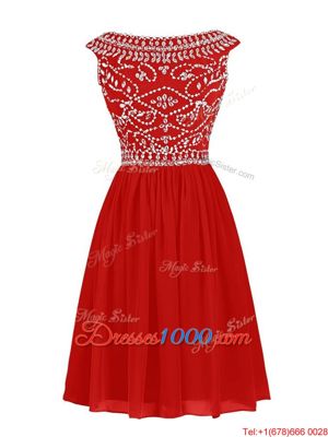 Latest Beading Prom Evening Gown Red Zipper Cap Sleeves Knee Length