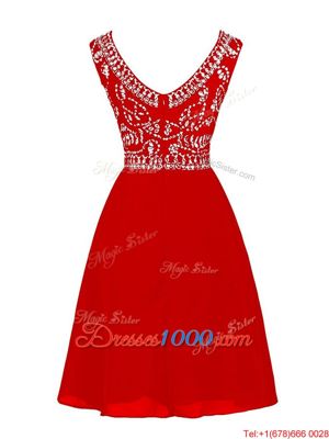 Latest Beading Prom Evening Gown Red Zipper Cap Sleeves Knee Length