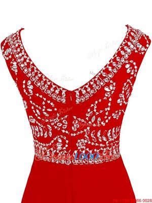 Latest Beading Prom Evening Gown Red Zipper Cap Sleeves Knee Length