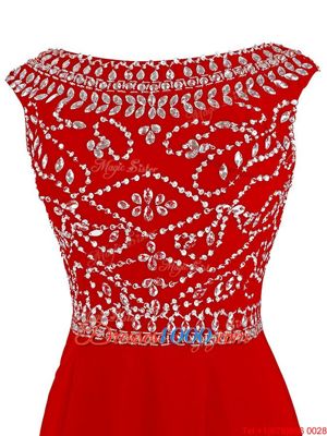 Latest Beading Prom Evening Gown Red Zipper Cap Sleeves Knee Length