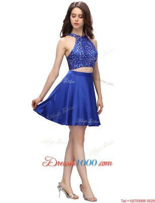 Cheap High-neck Sleeveless Zipper Prom Evening Gown Royal Blue Satin
