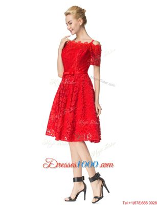 Dramatic Off the Shoulder Sleeveless Zipper Knee Length Lace Party Dress