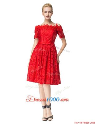 Dramatic Off the Shoulder Sleeveless Zipper Knee Length Lace Party Dress