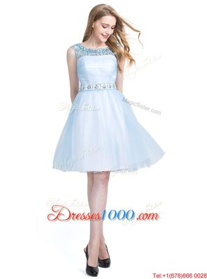 Scoop Sleeveless Knee Length Beading Zipper Dress for Prom with Light Blue
