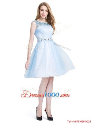 Scoop Sleeveless Knee Length Beading Zipper Dress for Prom with Light Blue