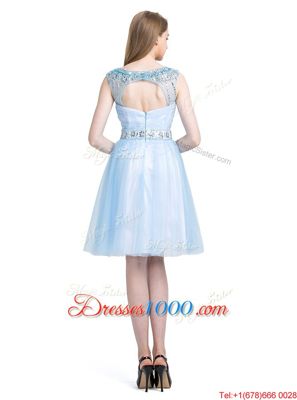Scoop Sleeveless Knee Length Beading Zipper Dress for Prom with Light Blue