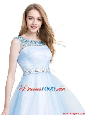 Scoop Sleeveless Knee Length Beading Zipper Dress for Prom with Light Blue