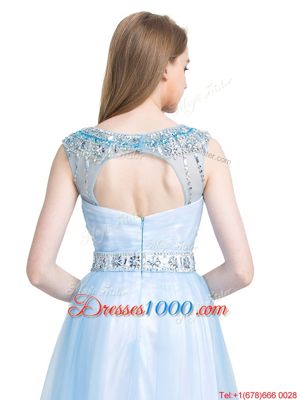 Scoop Sleeveless Knee Length Beading Zipper Dress for Prom with Light Blue