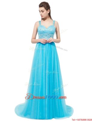 Aqua Blue Straps Neckline Beading Prom Dresses Sleeveless Zipper