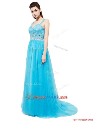 Aqua Blue Straps Neckline Beading Prom Dresses Sleeveless Zipper