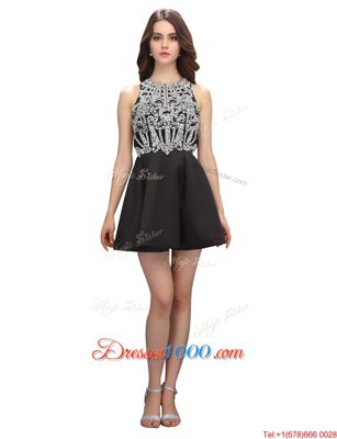 High End Scoop Black Satin Zipper Evening Dresses Sleeveless Mini Length Beading