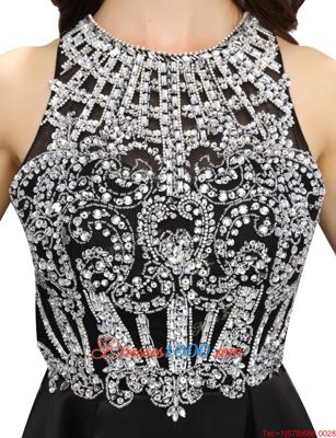 High End Scoop Black Satin Zipper Evening Dresses Sleeveless Mini Length Beading