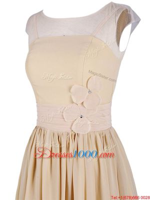 Discount Scoop Appliques and Ruching Champagne Zipper Cap Sleeves Knee Length