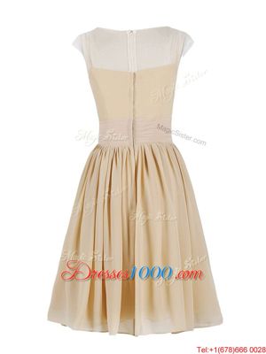 Discount Scoop Appliques and Ruching Champagne Zipper Cap Sleeves Knee Length