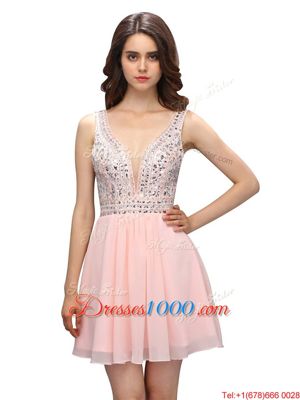 Chic Baby Pink Zipper Dress for Prom Beading Sleeveless Mini Length