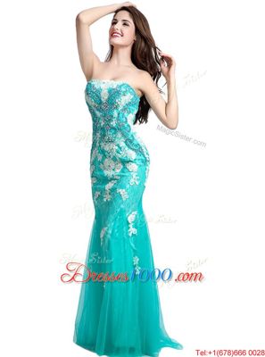 Mermaid Floor Length Turquoise Homecoming Dress Tulle Sleeveless Beading and Appliques