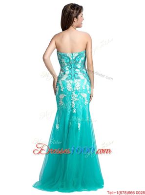 Mermaid Floor Length Turquoise Homecoming Dress Tulle Sleeveless Beading and Appliques