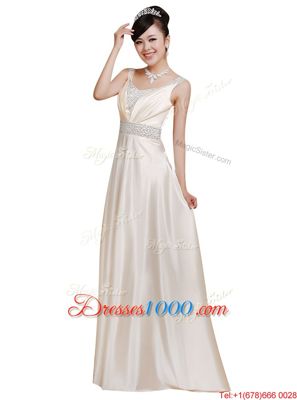 Fancy Elastic Woven Satin Sleeveless Floor Length Prom Dresses and Beading