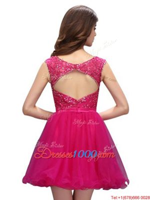 Fuchsia A-line Organza Bateau Sleeveless Beading and Appliques Mini Length Zipper Homecoming Gowns