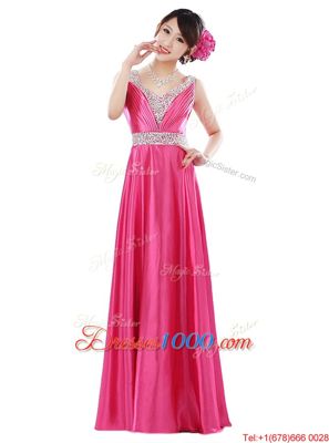Graceful Hot Pink Sleeveless Elastic Woven Satin Zipper Prom Party Dress for Prom and Party