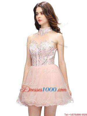 Spectacular Pink Sleeveless Beading Mini Length Homecoming Dress