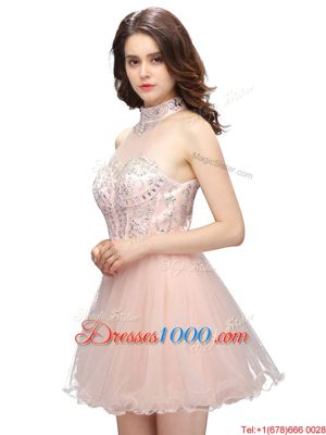 Spectacular Pink Sleeveless Beading Mini Length Homecoming Dress