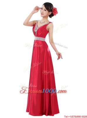 V-neck Sleeveless Elastic Woven Satin Prom Homecoming Dress Beading Zipper