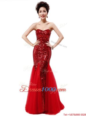 Mermaid Wine Red Sequined Zipper Prom Evening Gown Sleeveless Sequins