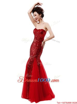 Mermaid Wine Red Sequined Zipper Prom Evening Gown Sleeveless Sequins