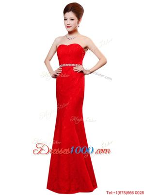 Glittering Sleeveless Lace Floor Length Zipper in Red for with Beading and Lace