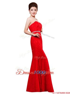 Glittering Sleeveless Lace Floor Length Zipper in Red for with Beading and Lace