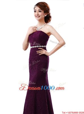 Glittering Sleeveless Lace Floor Length Zipper in Red for with Beading and Lace