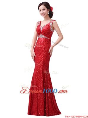Wonderful Red Column/Sheath Sequined V-neck Sleeveless Sequins Floor Length Zipper Prom Dress