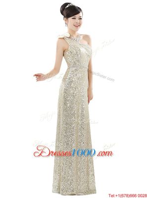 Champagne One Shoulder Neckline Beading and Sequins Prom Evening Gown Sleeveless Zipper