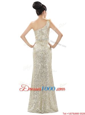 Champagne One Shoulder Neckline Beading and Sequins Prom Evening Gown Sleeveless Zipper