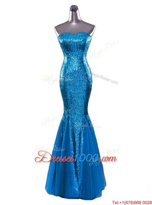Blue Mermaid Sequined Strapless Sleeveless Sequins Floor Length Zipper