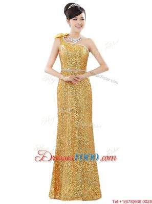 One Shoulder Sequins Floor Length Column/Sheath Sleeveless Gold Dress for Prom Zipper
