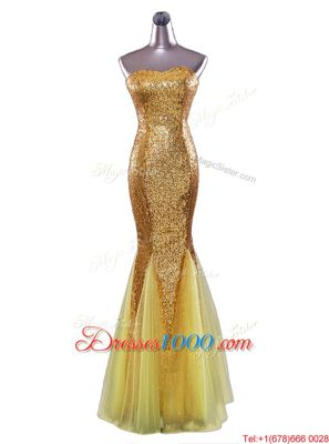 Mermaid Sequined Strapless Sleeveless Zipper Sequins Prom Evening Gown in Gold