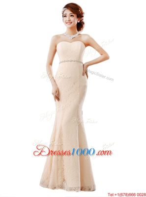 Free and Easy Sleeveless Lace Floor Length Zipper Homecoming Dress in Peach for with Beading and Lace