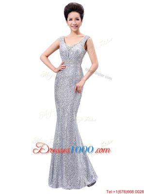 Silver Sleeveless Sequins Floor Length Homecoming Dress