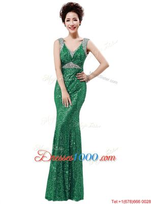Best Green Sequined Zipper V-neck Sleeveless Floor Length Evening Dress Sequins