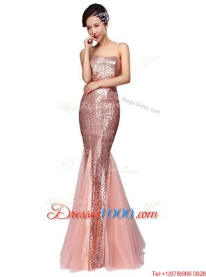Noble Mermaid Pink Sleeveless Sequins Floor Length Dress for Prom