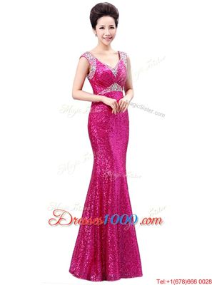 Fuchsia Column/Sheath V-neck Sleeveless Sequined Floor Length Zipper Sequins Evening Dress