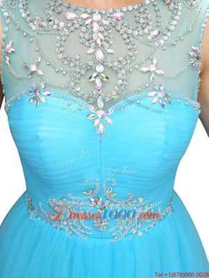 Flare Scoop Sleeveless Zipper Formal Dresses Aqua Blue Organza