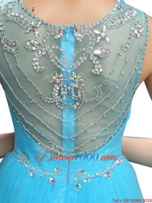 Flare Scoop Sleeveless Zipper Formal Dresses Aqua Blue Organza