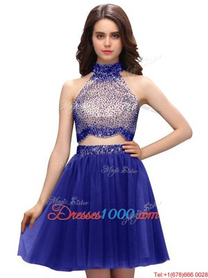 Hot Sale Mini Length Blue Going Out Dresses Chiffon Sleeveless Beading